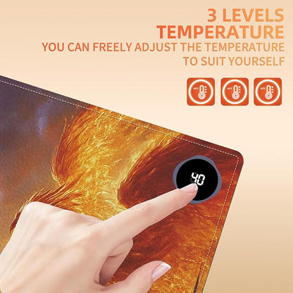Heated Mouse Pad 31.5x13 in 3-Temp Fast Heating Desk Mat with Auto Timer Warmer for Hands Wrist Pain Relief Waterproof Keyboard Mat for Office, Gaming, Home, Dragon Battle Art