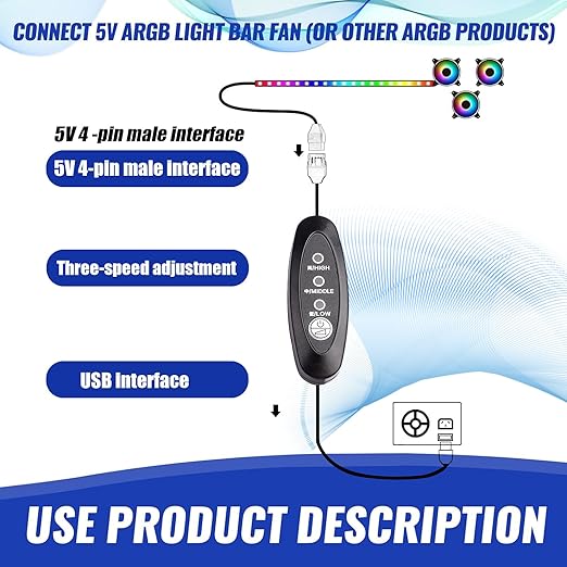 USB Fan Speed Controller, 3 Voltage Settings 5V/7V/9V with LED, 50cm Cable Length, Touch Switch Cycle Control, Black PVC Box, DIY Cooling/Desktop Fan Modification