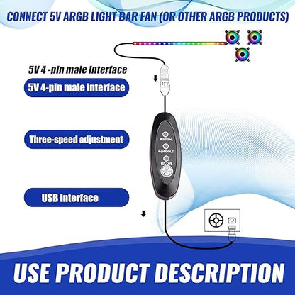 USB Fan Speed Controller, 3 Voltage Settings 5V/7V/9V with LED, 50cm Cable Length, Touch Switch Cycle Control, Black PVC Box, DIY Cooling/Desktop Fan Modification