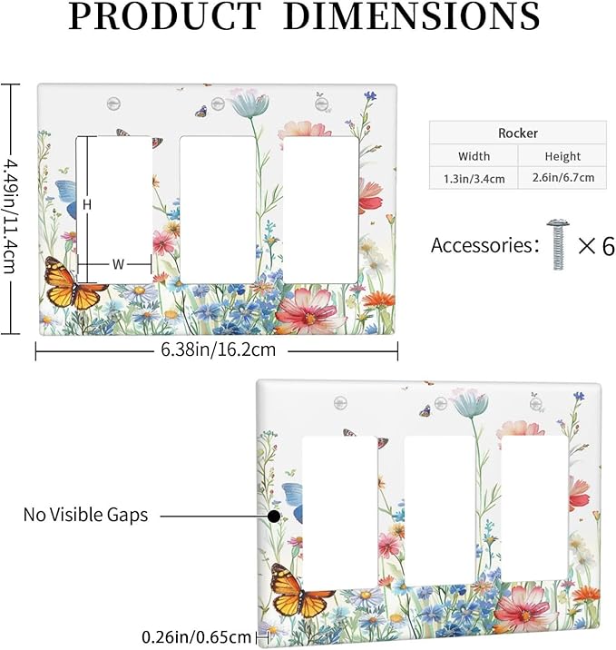 Decorative Outlet Covers Rustic Wildflower Blue Pink Floral Butterfly 3 Gang Light Switch Cover Plate Triple Rocker Wall Plates for Electrical Outlets Switch Plate Covers for Home Decor