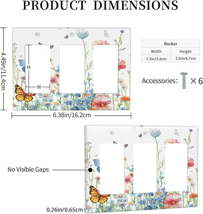 Decorative Outlet Covers Rustic Wildflower Blue Pink Floral Butterfly 3 Gang Light Switch Cover Plate Triple Rocker Wall Plates for Electrical Outlets Switch Plate Covers for Home Decor