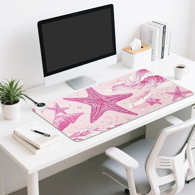 Heated Desk Pad Mouse Pad 31.5x13 Inch PU Leather Desk Mat with 3 Heat Levels Large Mouse Gaming Computer Laptop Mat Bright Pink Starfish Waves Shells
