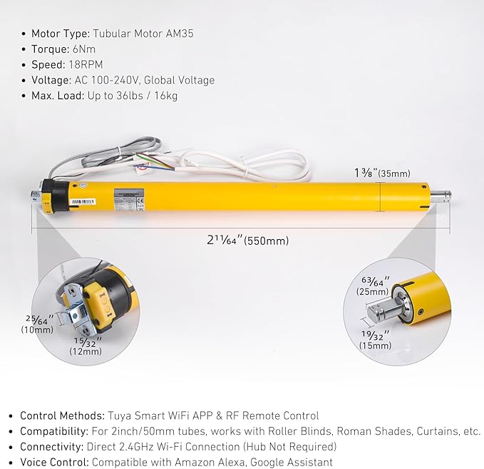 AM35 Smart WiFi Blinds Motor, Tuya App Control, AC 100-240V for 2 inch (50mm) Tubes, 6N.m Torque, Compatible with Alexa & Google Home, No Hub Required for Motorized Roller, Roman, ZebraShades