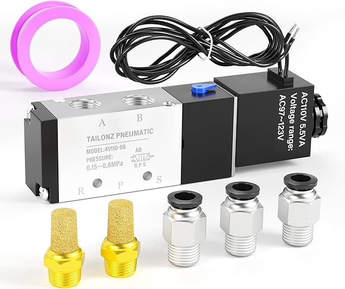 TAILONZ PNEUMATIC 1/8"NPT Solenoid Valve 4V110-06 AC110V Single Coil Pilot-Operated Electric 2 Position 5 Way Connection Type Outlet wire