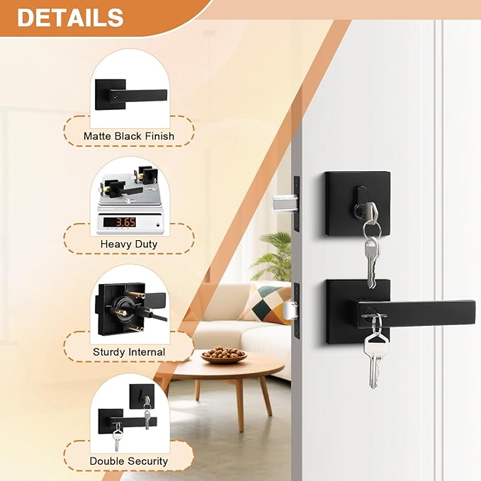 Probrico Flat Black Entry Levers Lock Sets and Single Cylinder Deadbolts Keyed Alike Combination Set, Heavy Duty Square Entry Door Locksets Front Door Bedroom Entrance Handles, 6 Pack(All Same Keys)