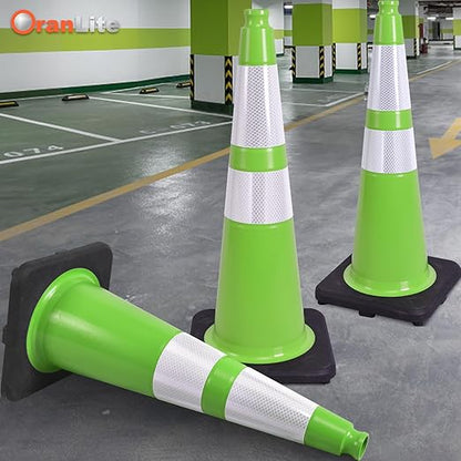 6 Pack 28" Inch Large PVC Traffic Cones with Heavy-Duty Black Base, High-Visibility All-Weather Safety Cones for Road Construction, Parking Lot, Garage Use (6, Green, 28" Large)
