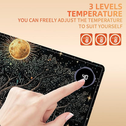 Heated Mouse Pad 23.6 x 14 in 3-Temp Fast Heating Desk Mat with Auto Timer Warmer for Hands Wrist Pain Relief Waterproof Keyboard Mat for Office, Gaming, Home, Moonlit Tree Art