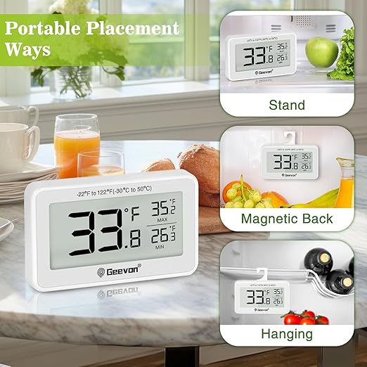 Geevon Refrigerator Thermometer Digital Fridge Thermometer IP65 Waterproof with Large LCD Display,Max/Min Record Function,Magnetic Back,for Fridge,Freezer Scenarios (White-1Pack)