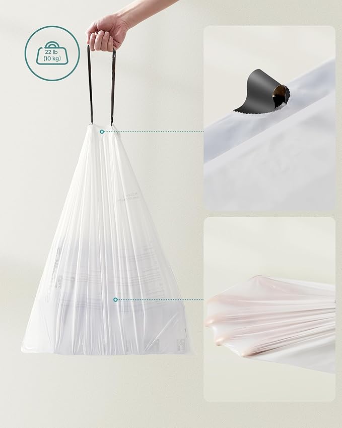 SONGMICS Trash Bags for 8-Gallon (30 L) Trash Cans, Drawstring Kitchen Garbage Bags, Pre-Separated, Liner Code 30A, 1 Roll, 45 Count, White UKRB30A