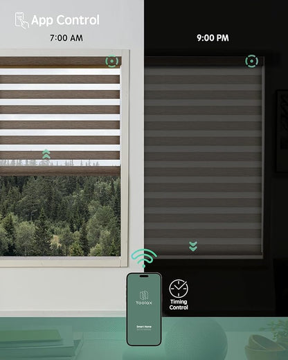 Yoolax Motorized Zebra Blinds Compatible with Alexa, Smart Room Darkening Shades with Privacy Light Control, Electric Horizontal Window Blind Customized Size for Home Office (Wool Brown)
