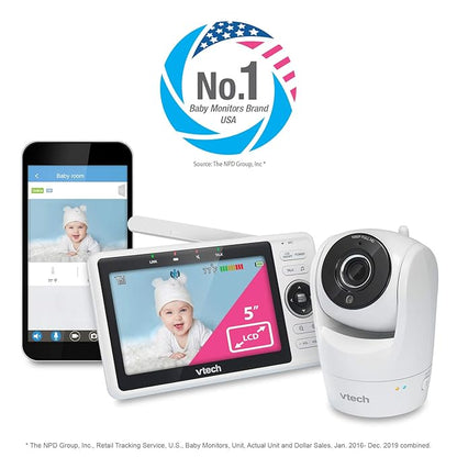 VTech Upgraded Smart WiFi Baby Monitor, 1080p FHD Camera and 5" HD IPS Display, Free App with Motion Video, Sound/Motion Detection and Notifications, Fully Remote Pan-Tilt-Zoom: VM901