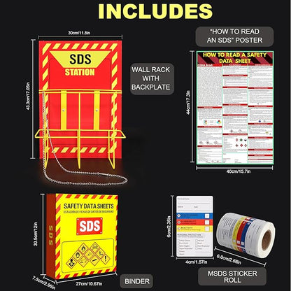 MSDS Yellow Heavy Duty 3 Inch Material Safety Data Sheet 3 Ring Binder with SDS Wire Rack, Display Sign, Chain, Safety Posters, Labels, Wall Mount
