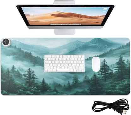 Heated Desk Pad Mouse Pad 31.5x13 Inch PU Leather Desk Mat with 3 Heat Levels Large Mouse Gaming Computer Laptop Mat Foggy Green Mountains and Pine Trees