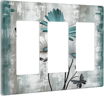 Light Switch Covers Rustic Teal Daisy Floral Flowers Butterfly Wood Grain 3 Gang Rocker Electrical GFCI Decorative Triple Outlet Wall Plate Cover Switchplate for Bathroom Bedroom Decor