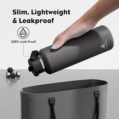 POWCAN 24 oz Slim Insulated Water Bottle: Leakproof, Lightweight, Top Handle, Stainless Steel Water Bottle with Straw for Sport, Gym, Fitness, Office, Home, Commute, Workouts, Boy, Men (Stone Gray)