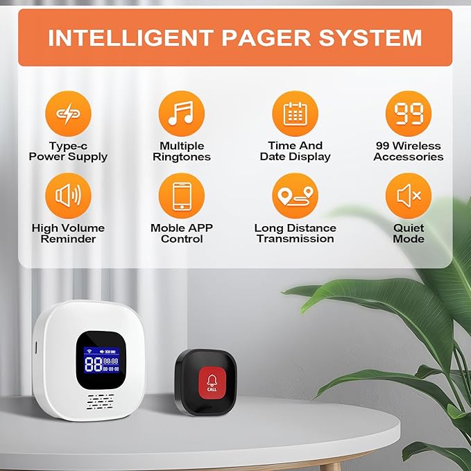 Wireless Caregiver Pager with Smart Call System & Call Buttons for Elderly Monitoring, Life Alert System for Seniors, 2 SOS Panic Button 1 Receiver