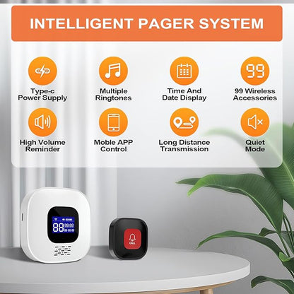 Wireless Caregiver Pager with Smart Call System & Call Buttons for Elderly Monitoring, Life Alert System for Seniors, 2 SOS Panic Button 1 Receiver