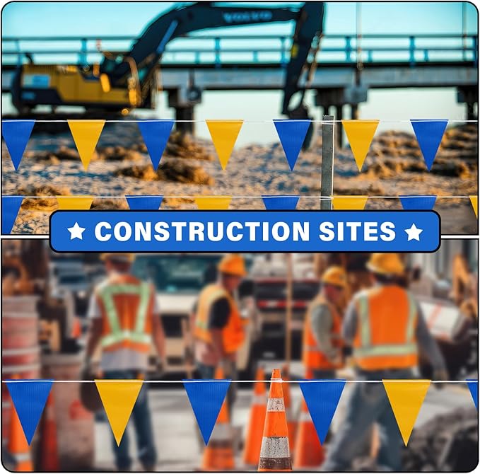 105ft Blue and Yellow Pennant Banner Flag, 7"x10" Fluorescent Safety Flagging Banner Warning Flag for Construction Site/Boundary Barrier Signs, Perimeter Marking Flags on String, 45 Flags