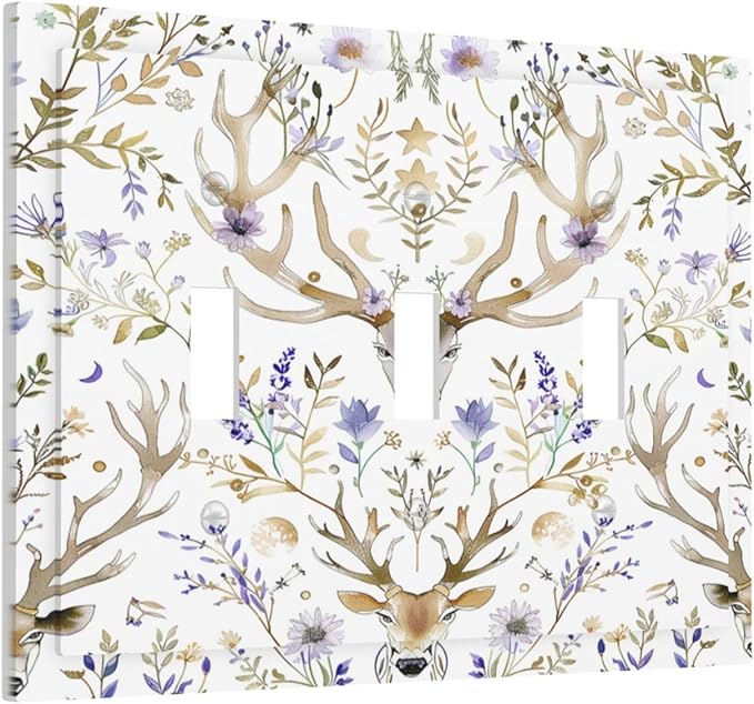Decorative Switch Plates Gothic Retro Floral Damask Elk Wild Flower 3 Gang Wall Plate Triple Toggle Light Switch Cover Faceplate Electrical Wall Panels For Bed Room Living Room Decor