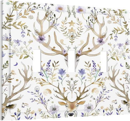 Decorative Switch Plates Gothic Retro Floral Damask Elk Wild Flower 3 Gang Wall Plate Triple Toggle Light Switch Cover Faceplate Electrical Wall Panels For Bed Room Living Room Decor
