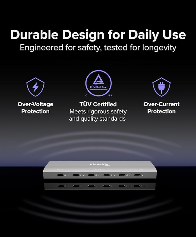 Plugable 6 Port USB C Charging Station, Up to 100W Charger for Multiple Devices with Priority Charging, Desktop Power Hub for USBC Devices Including Laptops Phones Tablets Earbuds and More (PS-6CC)
