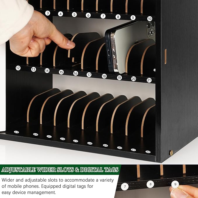 Echaprey Cell Phone Holder Classroom Adjustable 33 Slots Pocket Chart Wooden Cell Phone Storage Cabinet with Handle and Lock Desktop Cell Phone Holder for Classroom Office (Black)