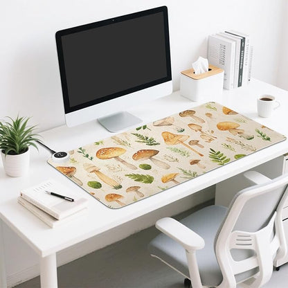 Heated Desk Pad Mouse Pad 31.5x13 Inch PU Leather Desk Mat with 3 Heat Levels Large Mouse Gaming Computer Laptop Mat Watercolor Mushrooms Beige
