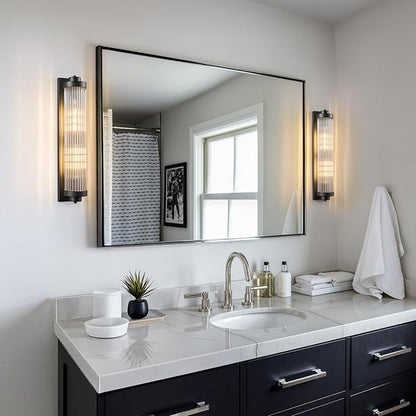 Black Wall Sconces Set of Two with Crystal Glass Strip Bathroom Sconces 2 Light E12 Base Modern Wall Lights for Bedroom Living Room Hallway Wall Light Fixtures