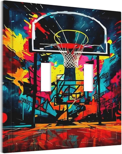 Colorful Graffiti Basketball Sport Basket Hippie Double Toggle Light Switch Covers 2 Gang Wall Plate Dual Decorative Switchplate Electrical Faceplate for Country Bathroom Bedroom Decor