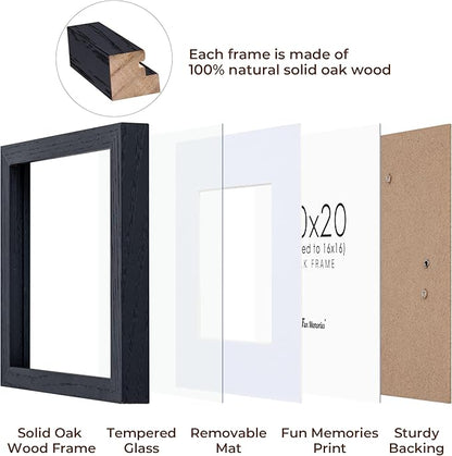 Fun Memories 20x20 Square Picture Frames, Rustic Solid Oak Wood Frame 20 x 20 for Wall, Wooden 20 by 20 Photo Frames with Tempered Real Glass, 20x20 Frame Matted to 16x16, Black Color, Set of 2