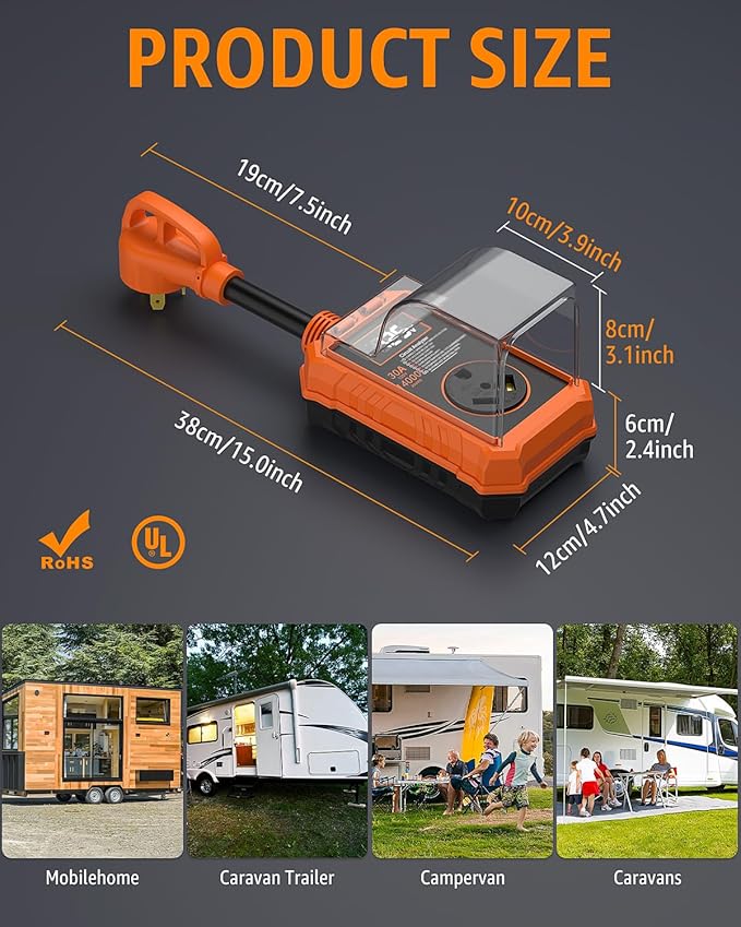 Rv Surge Protector 30 Amp with Smart LED Display, 14000J Circuit Analyzer Waterproof with Auto Shutoff & Reset for High/Low Voltage, 30 Amp Rv Surge Protector for Camper, Travel Trailer