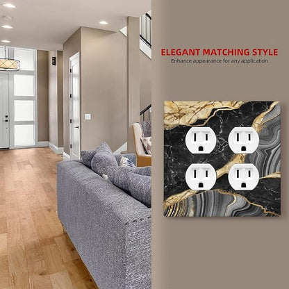 Decorative Outlet Covers Modern Abstract Black Gold Marble 2 Gang Wall Plate Double Duplex Light Switch Cover Switch Plate Covers for Bathroom Kitchen Home Decor