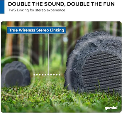 Gemini Sound Rechargeable Bluetooth Wireless Rock Speakers (Pair), IPX5 Weatherproof, TWS Stereo Linking, 10-Hr Battery, 4” Driver for Patio & Garden Outdoor Audio (GHRK-400-PR)