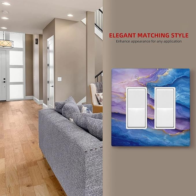 Decorative Outlet Covers Abstract Blue Purple Gold Marble Texture 2 Gang Light Switch Cover Plate Double Rocker Wall Plate Switch Plate Covers Faceplate for Bathroon Kitchen Decor