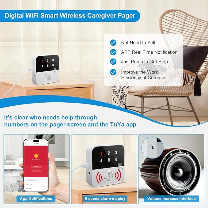 Life Alert Systems for Seniors No Monthly Fee, App-Controlled Pager, Medical Alert Systems for Seniors LED Number Display 2Call Button 1Receiver(Only Supports 2.4GHz Wi-Fi) (Neck Remote Control)