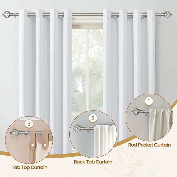 KAMANINA Curtain Rods for Windows 66 to 120 Inch, 3/4 Inch Antique Silver Curtain Rod 32 to 115 Inches (2.6-9.6ft) Splicing Adjustable Single Drapery Rod with Twisted Cage Finial