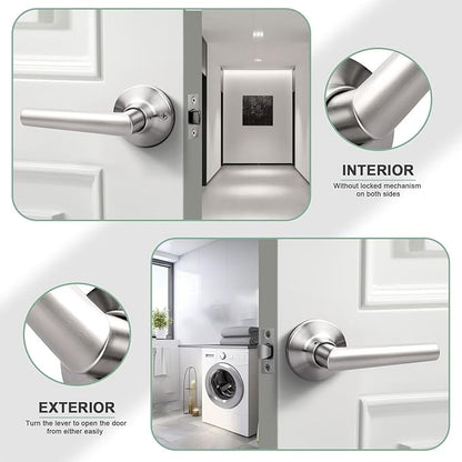 GOBEKOR 5 Pack Brushed Nickel Door Handles Interior,Heavy Duty Passage Door Handles Interior Door Levers for Hallway and Closet, Modern Sleek Round Door Locks Satain Nickel