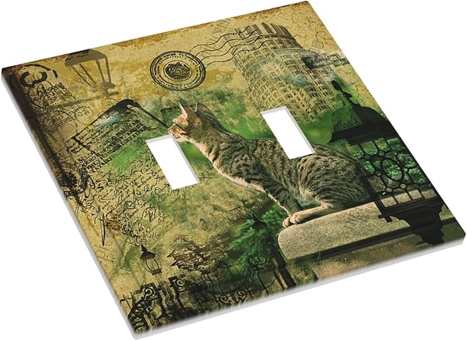Decorative Switch Plate Covers Vintage Style Cat City Stamp 2 Gang Double Toggle Light Switch Cover Plate Electrical Wall Plate Outlet Cover for Bedroom Home Decor