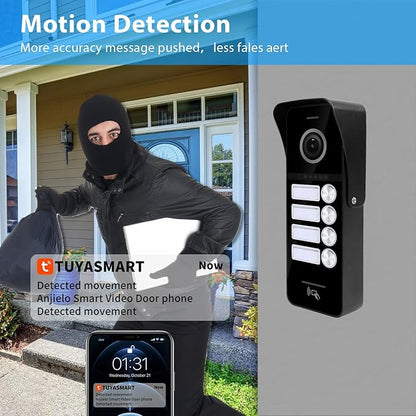 ANJIELO SMART Wired Video Doorbell Apartment Intercom System,4 Family Units 10 Inch Touch Monitor,3 in 1 Unlocking,Dual Way Intercom Motion Detection Tuya for Villa Home (1 Doorbell(b)+ 4 Monitor(s))