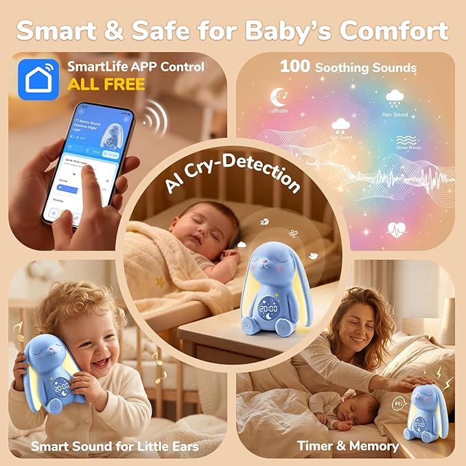 2025 Mom's Choice Awards | White Noise Sound Machine Baby – AI Cry Detection, 100 Soothing Sounds, App Control, Night Light, Sleep Trainer, Sound Machine for Sleep, Newborn Essentials, Alarm Clock