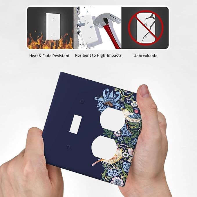Decorative Outlet Covers Vintage Blue Morris Strawberry Thief Bird Flower 2 Gang Wall Plate Cover Single Toggle Duplex Combo Two Switch Light Switch Cover Plate Faceplate