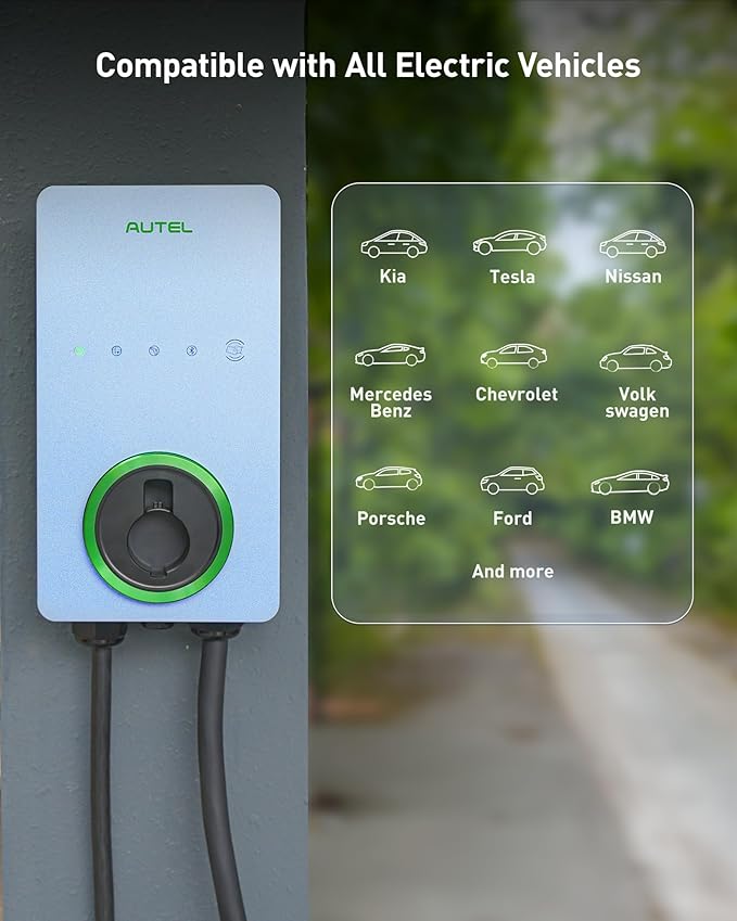 Autel Home Smart Electric Vehicle (EV) Charger up to 50Amp, 240V, Indoor/Outdoor Car Charging Station with Level 2, Wi-Fi and Bluetooth Enabled EVSE, Hardwired,25-Foot Cable,Sierra Blue