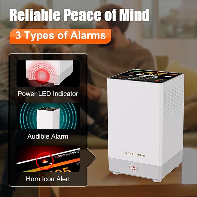 RM-73 Radon Detector, Home Radon Monitor with Touchscreen LCD Color Display, Radon Detector for Home Basement Audible & Visual Alarms, Historical Records, Long Term Monitoring Detector, pCi/L or Bq/m³
