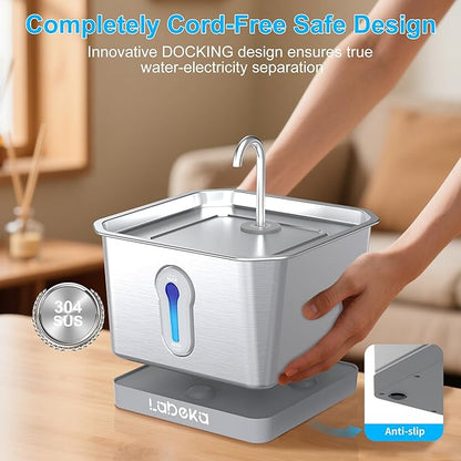 Stainless Steel Cat Water Fountain 135oz/4L:Battery Operated Wireless Cat Fountains for Drinking Indoor, Automatic Pet Water Dispenser with Ultra Quiet Pump,Multi-Filtration
