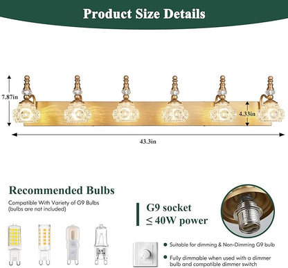 Modern Glass Crystal Vanity Light - Vintage Bathroom Lighting Fixtures Over Mirror, 6 Light Vanity Lights G9 Bulb (43.3 Inch,Brass)