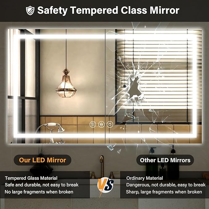 40"x 60"LED Bathroom Mirror, Backlit + Front Lit, LED Bathroom Mirror with Lights for Wall, 3 Colors, Anti-Fog, Dimmable Brightness, Tempered Glass
