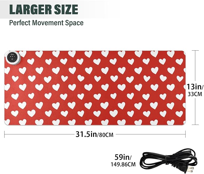 Heated Desk Pad Mouse Pad 31.5x13 Inch PU Leather Desk Mat with 3 Heat Levels Large Mouse Gaming Computer Laptop Mat Red Heart Valentine