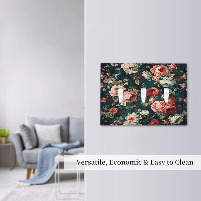 Decorative Switch Plates Baroque Vintage Peony Flower Floral 3 Gang Wall Plate Triple Toggle Light Switch Cover Faceplate Electrical Wall Panels for Bedroom Farmhouse Decor