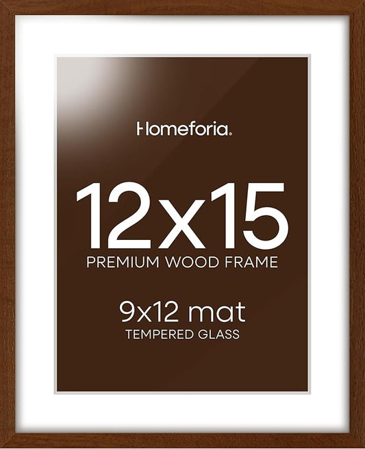 Homeforia 12x15 Picture Frame Brown, High End Dark Oak 12x15 Walnut Wood Poster Frame with Mat 9x12 Print, 12 x 15 Wooden Frame Matted to 9 x 12 Photo, 15x12 Frames, Tempered Glass, Wall Kit, Set of 1