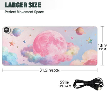Large Heated Mouse Pad,Leather Desk Mat,31.5"x13",Hand Warmer Pads for Desk,Sky(Orange Pink)